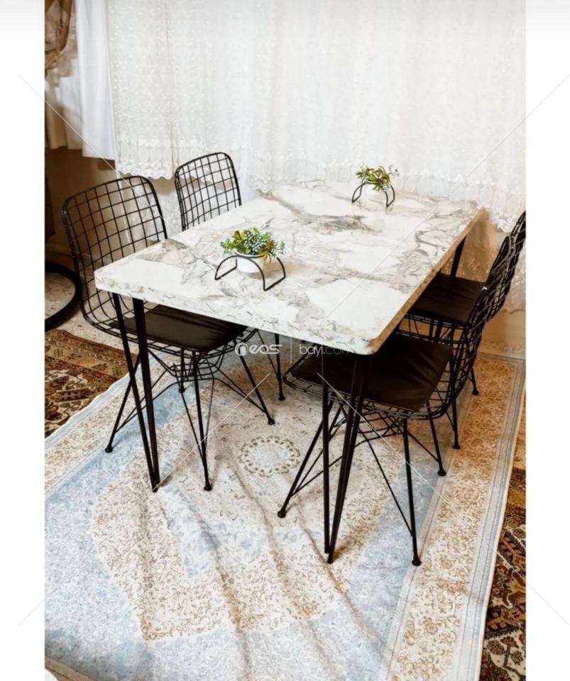 BEYAZ Yemek Masası Mutfak Masa 4 Kişilik Tel Sandalye Yeni Model Sandalye 60/120