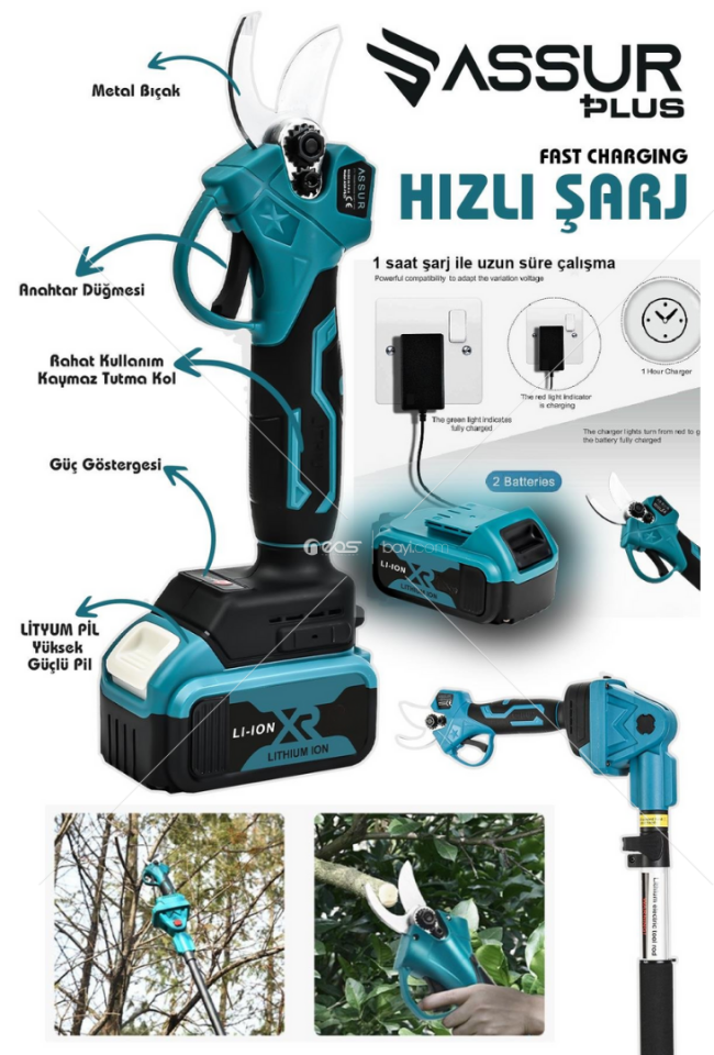 Assur Plus 2'li Süper Set Çift Akülü Teleskopik Kollu Bağ Makası ve Budama Testeresi Makinesi Mavi
