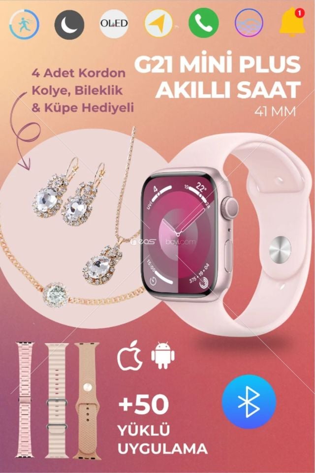 G21 Mini Plus Akıllı Saat 4 Kordonlu Bileklik Kolye ve Küpe Hediyeli Kadın Akıllı Saat Watch