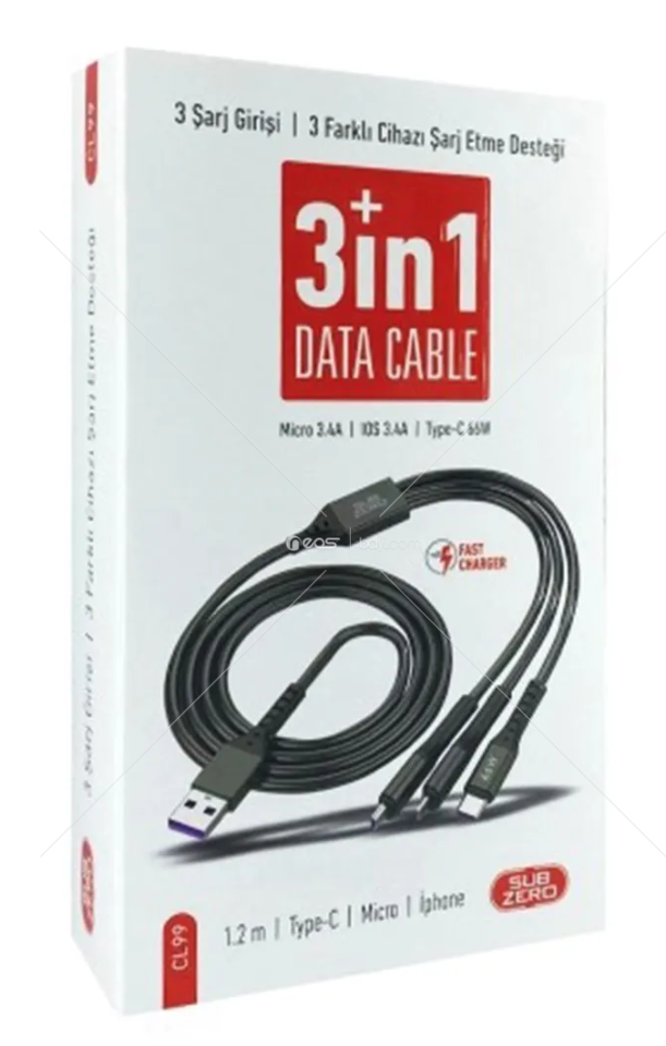 Subzero Iphone, Micro ve Type-C Uyumlu Hızlı Şarj ve Data Kablosu 3in1 66w
