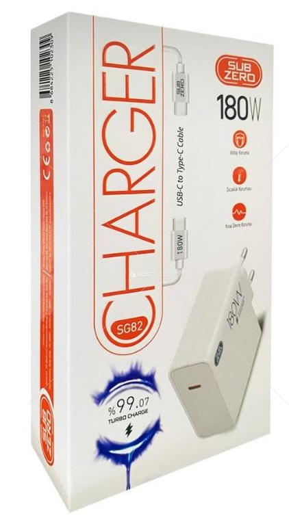 Subzero SG82 180W Type-C PD Kablolu Turbo Ev Tipi Şarj Aleti Salise Gösterir