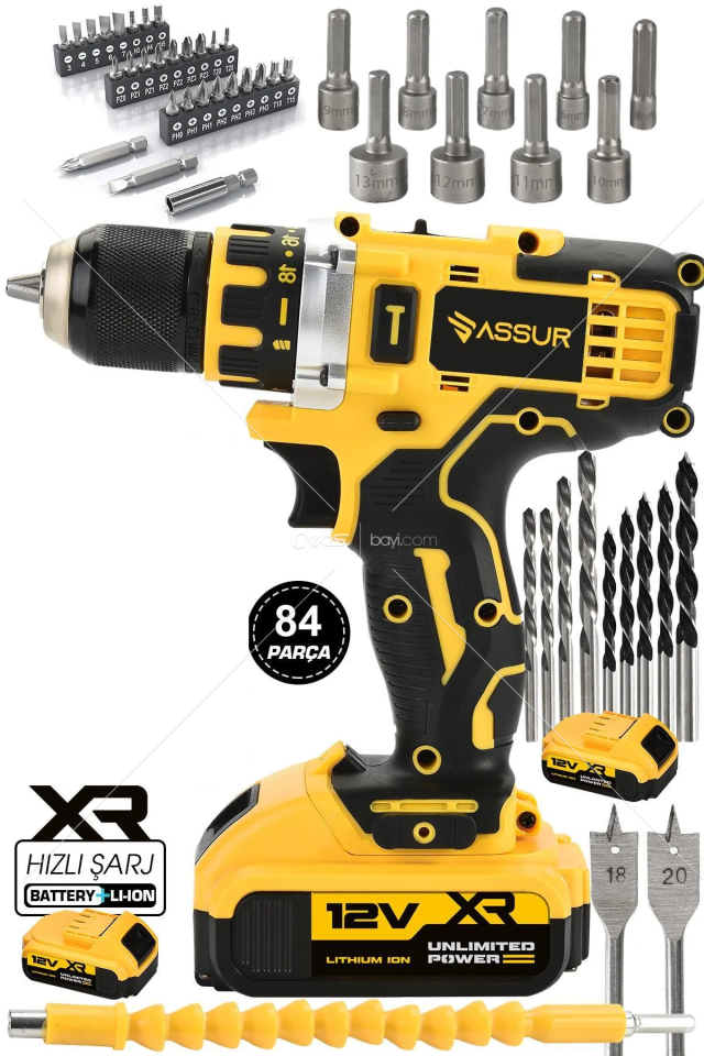Assur Plus 25 TORK 12V 2Ah Şarjlı Matkap Darbesiz Metal Şanzuman Bakır Sargılı Çift Akülü 84 Parça Set SARI