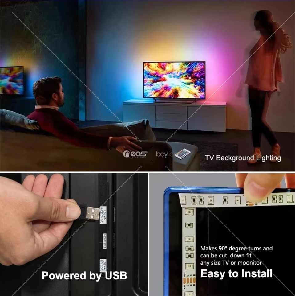 Sese Duyarlı Tv Arkası USB Girişli Rgb Şerit LED Kumanda ile Kontrol Led