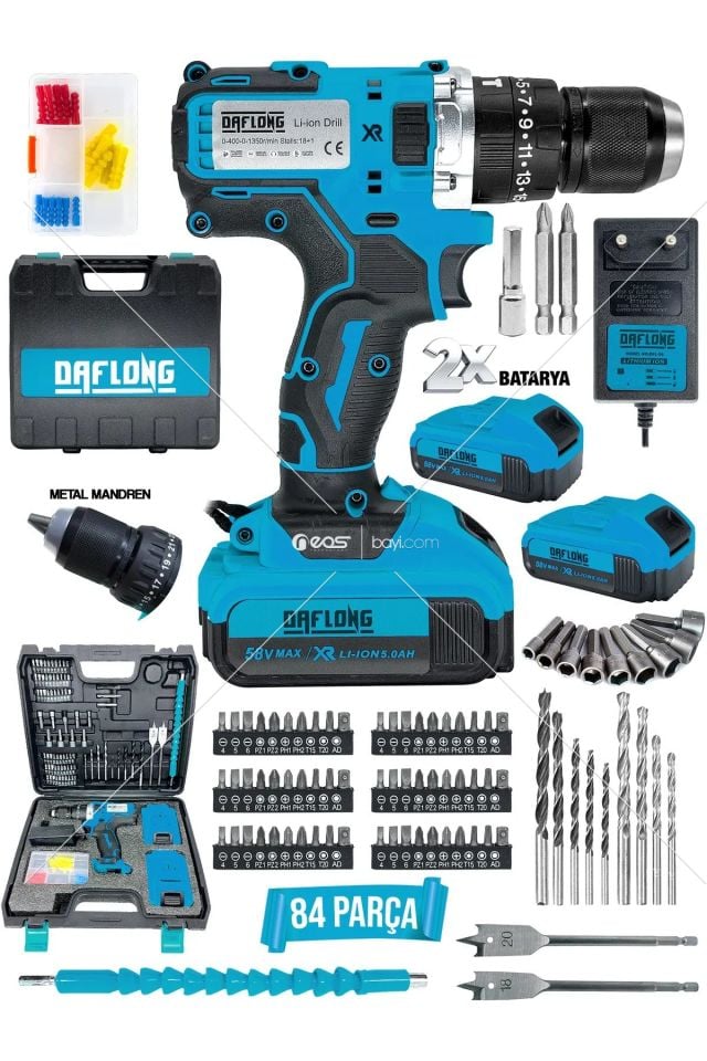 DAFLONG DFL7B 25 TORK Matkap 58 V 5ah Li-İON Çift Metal Şanzuman Çift Akülü Şarjlı Matkap 84 Parça Set Hediyeli