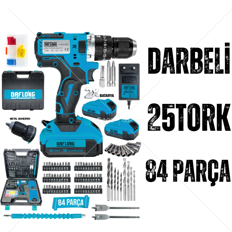 DAFLONG DARBELİ DFL8B 25 TORK Matkap 58 V 5ah Li-İON Çift Metal Şanzuman Çift Akülü Şarjlı Matkap 84 Parça Set Hediyeli