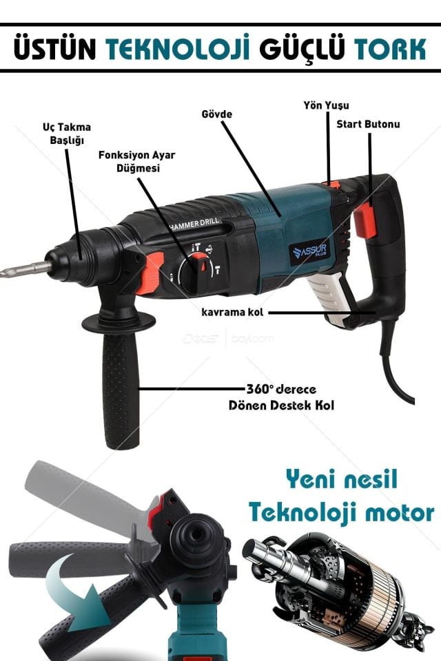 Assur Plus Çelik Şanzuman Bakır Sargılı Çelik Askılı 26 mm Kırıcı Delici Hilti Kollu