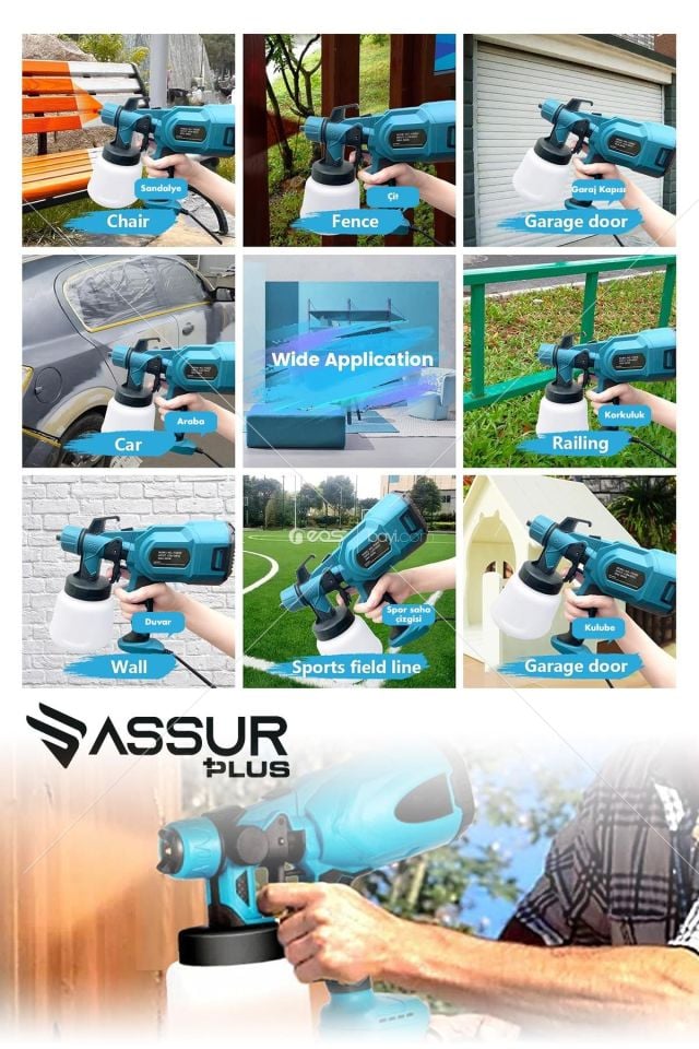 Assur Plus Yüksek Basınçlı Çift Akülü Sprey Boya Püskürtme Tabancası Mavi