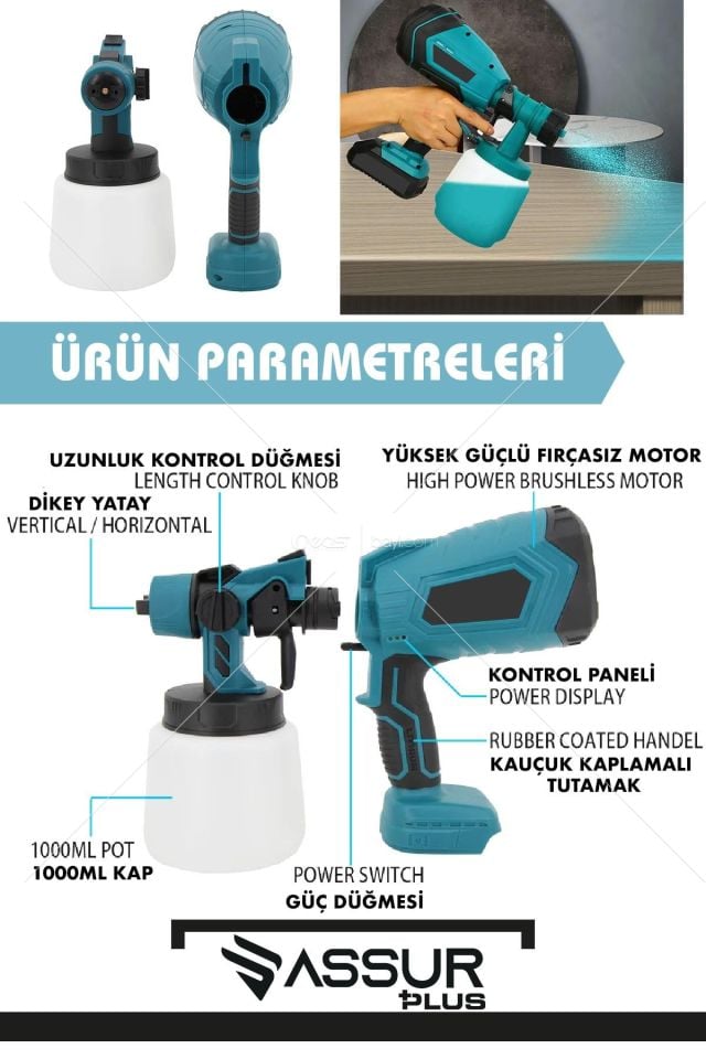 Assur Plus Yüksek Basınçlı Çift Akülü Sprey Boya Püskürtme Tabancası Mavi