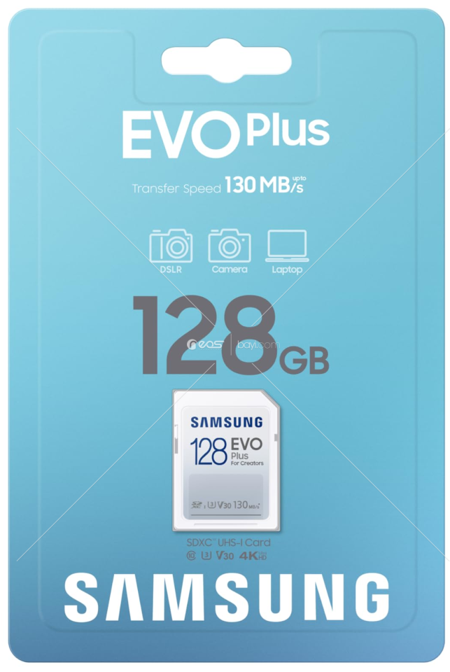 Samsung EVO Plus SD kart, 128 GB, SDXC UHS-I U3, Full HD, 130 MB/s okuma, SLR kameralar ve sistem kameraları için hafıza kartı, MB-SC128K/EU