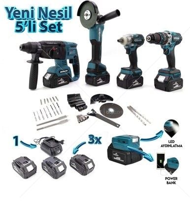 Dawreek Beşli Set MK350 (Power Bank Led 13mm Ç.Mandren+S.Sıkma+Ş.Spral+Ş.Hilti)