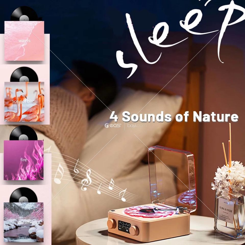 WAVES Festival Hediyesi Dalgalar Vinil Çalar Kablosuz Mini Çalar Saat BT Hoparlör Beyaz Gürültü RGB Işık Uyku Yardımı Hoparlörü