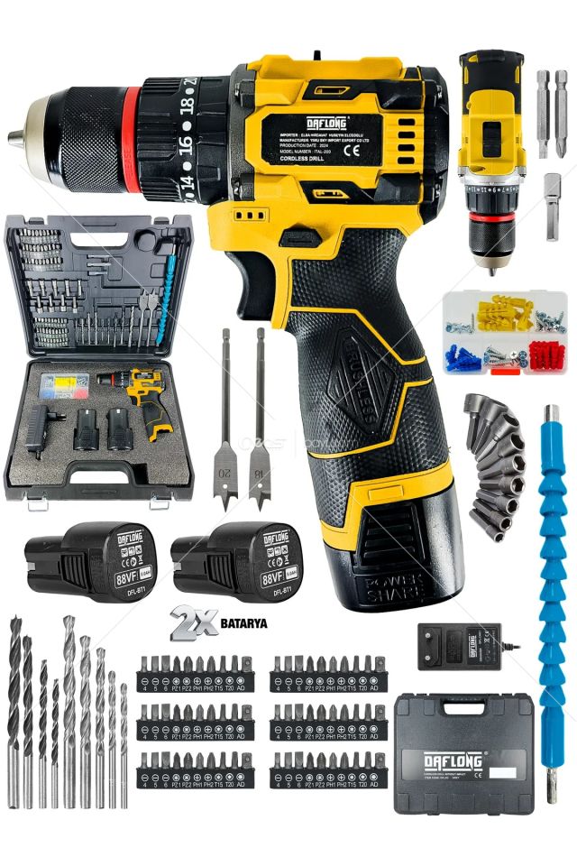 DAFLONG PRO ÖZEL SERİ KÖMÜRSÜZ 84 PARÇA ARMUT BATARYA DARBELİ ŞARJLI MATKAP-SRI