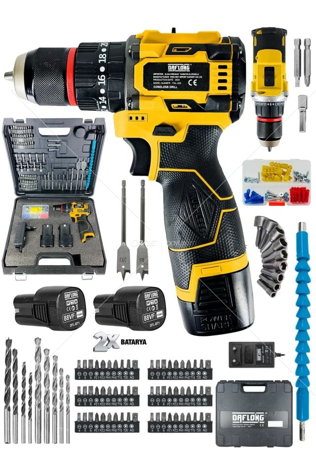 DAFLONG PRO ÖZEL SERİ KÖMÜRSÜZ 84 PARÇA ARMUT BATARYA DARBELİ ŞARJLI MATKAP-SRI
