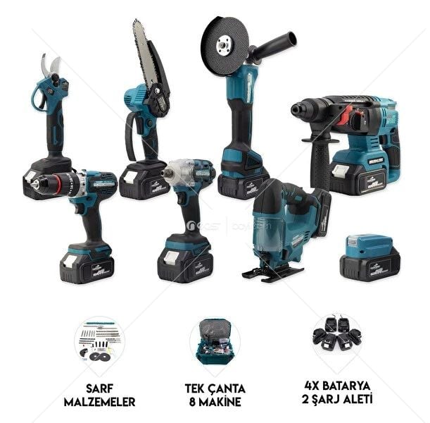 CHELİK BEİ Dawreek 8'li Set DBML (Şarjlı Hilti-Şarjlı Spral-Somun Sıkma-Çelik Mandren-Şarjlı Dekupaj-Budama Testeresi-Bağ Makası)