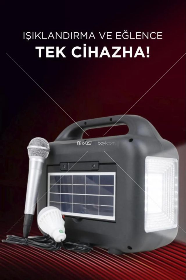 KTS-1769 Mikrofon,1 Led Ampül ve Fenerli Bluetooth Hoparlör Güneş Panelli Powerbank Kamp Hopa
