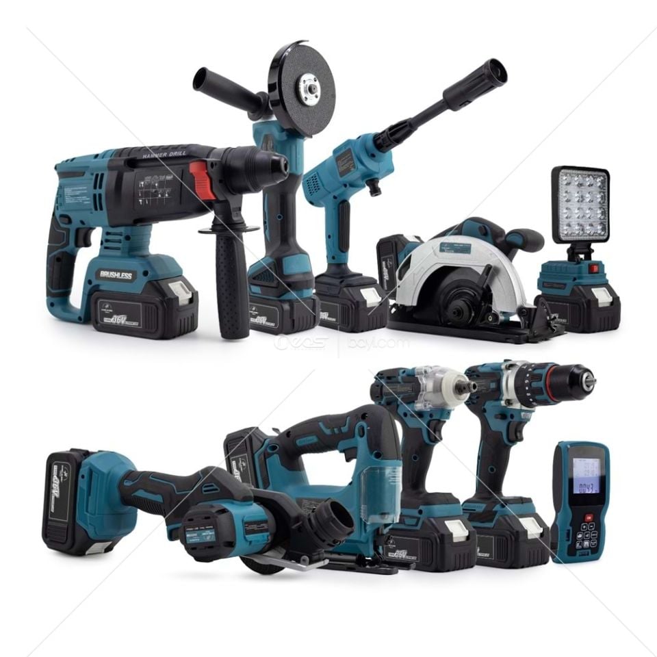 CHELİKBEİ ONLU SET (Led Işık + Kırıcı Delici Matkap+avuç taşlama+Somun Sıkma+Vidalama+Sunta Kesme+Dekupaj+Lazer Metre+Oto Yıkama+Çok Fonksiyonlu Avuç Taşlama)
