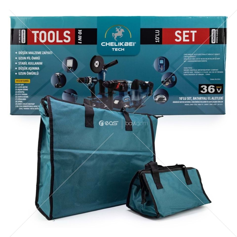 CHELİKBEİ ONLU SET (Led Işık + Kırıcı Delici Matkap+avuç taşlama+Somun Sıkma+Vidalama+Sunta Kesme+Dekupaj+Lazer Metre+Oto Yıkama+Çok Fonksiyonlu Avuç Taşlama)