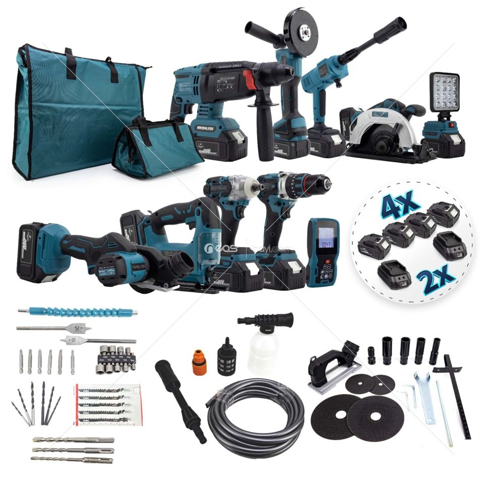 CHELİKBEİ ONLU SET (Led Işık + Kırıcı Delici Matkap+avuç taşlama+Somun Sıkma+Vidalama+Sunta Kesme+Dekupaj+Lazer Metre+Oto Yıkama+Çok Fonksiyonlu Avuç Taşlama)
