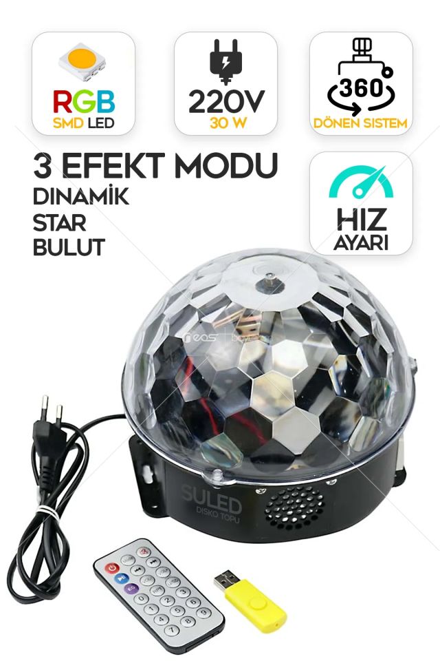 SULED Disko Topu Led Işık Bluetooth Hoparlörlü USB Müzik Çalar Kumanda 360* Dönen Parti Eğlence Işığı 220V