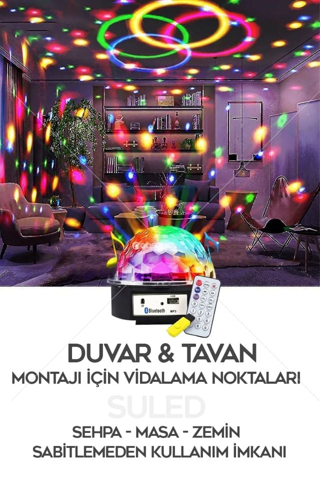 SULED Disko Topu Led Işık Bluetooth Hoparlörlü USB Müzik Çalar Kumanda 360* Dönen Parti Eğlence Işığı 220V