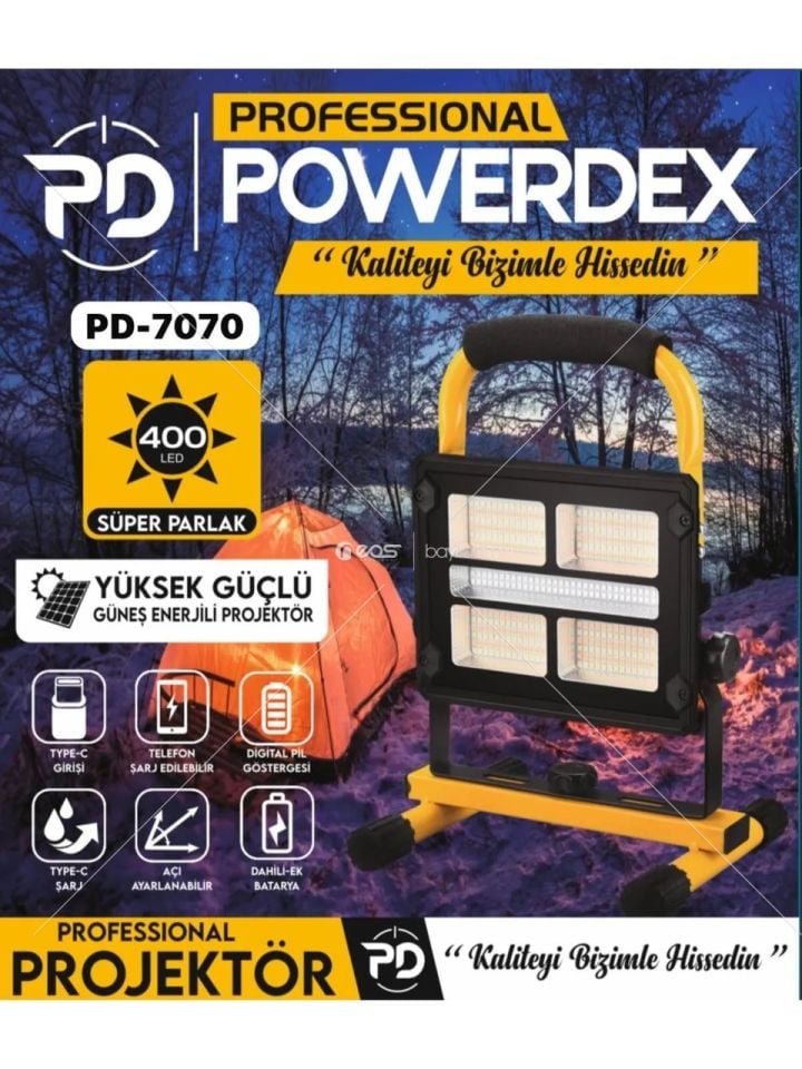 Powerdex PD-7070PRO 400 LED Profesyonel Çakar Işıklı Güneş Enerjili Projektör