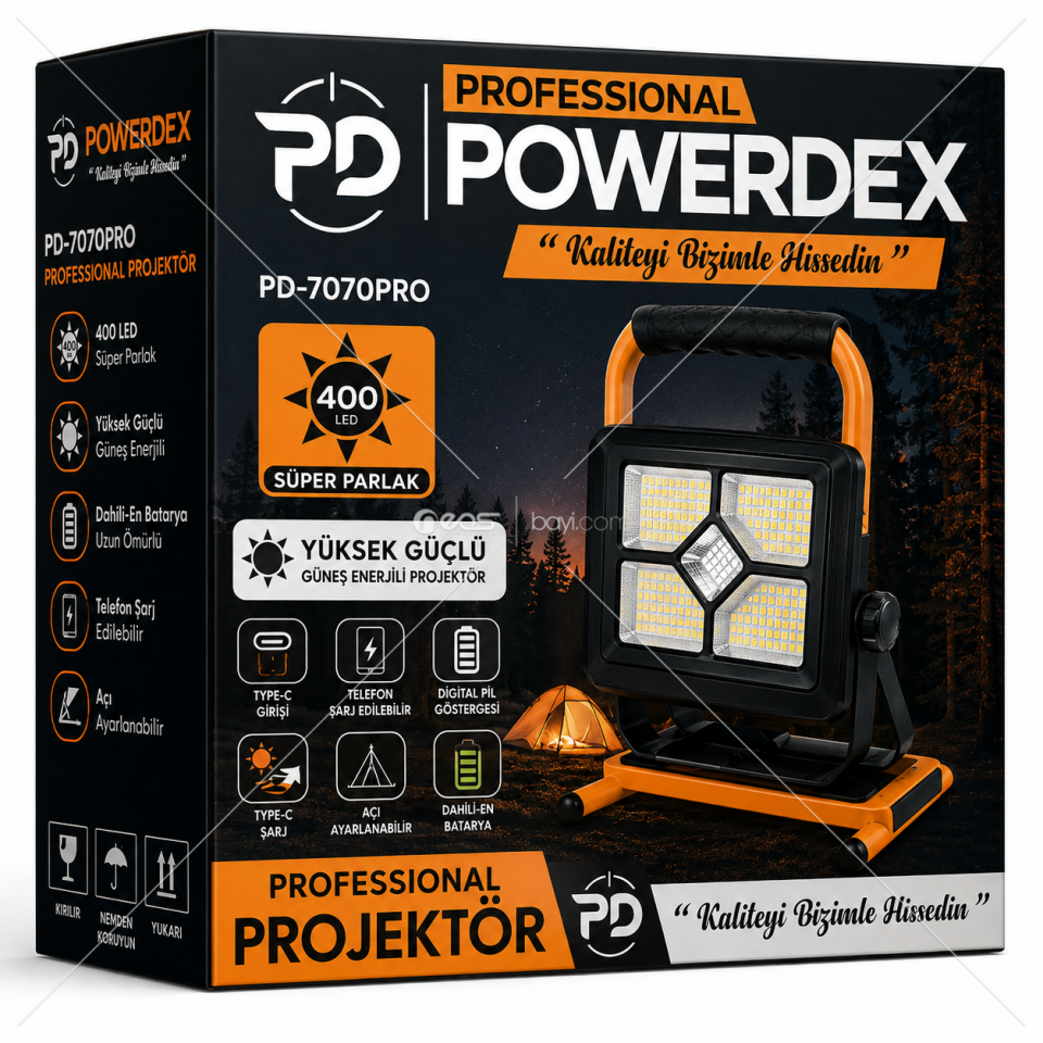 Powerdex PD-7070PRO 400 LED Profesyonel Çakar Işıklı Güneş Enerjili Projektör