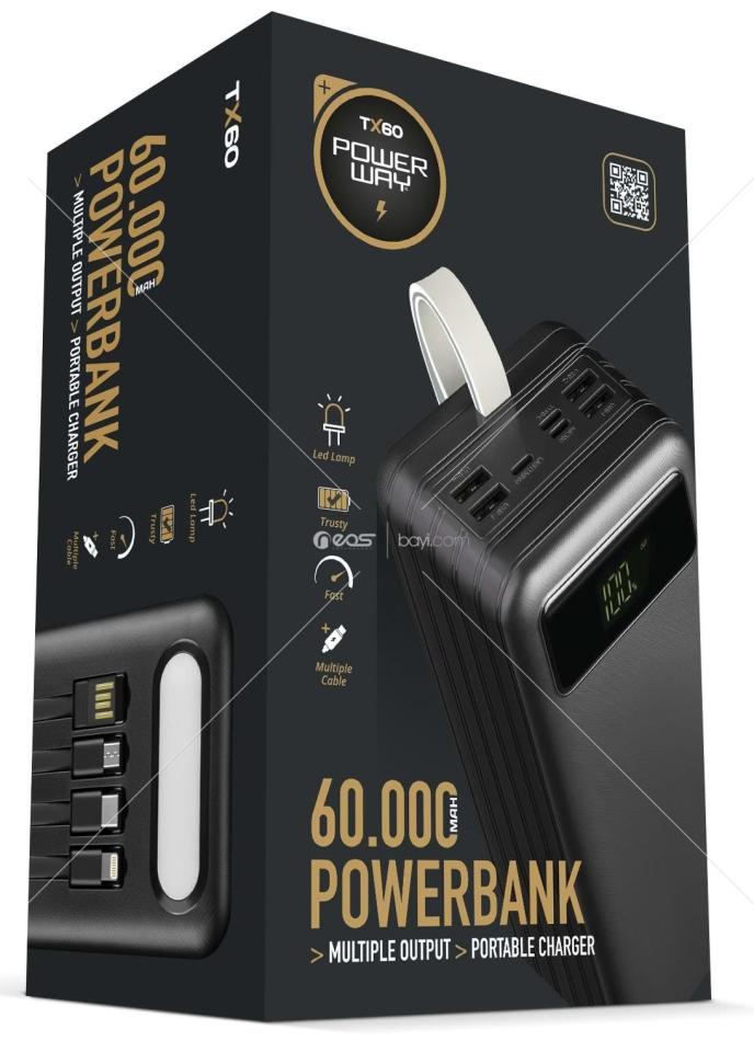 Powerway 60.000 Mah Kablolu Dijital Göstergeli Gerçek 60.000 Mah Garantili Işıklı Kamp Tx60 Beyaz Powerbank